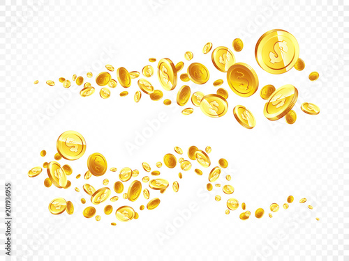 Vector Illustration of flying golden coins. Two line on white background