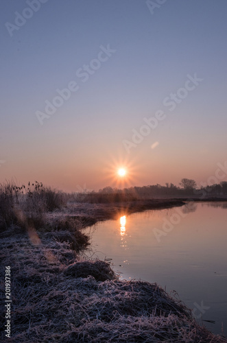 sunrise on the background of a winding wild river, its backwaters and backlit with reed promises, early spring