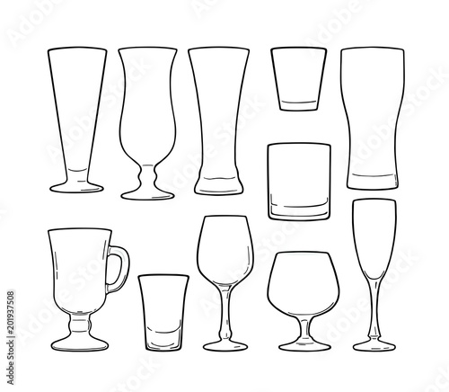 Set empty glass beer, whiskey, wine, gin, rum, tequila, champagne, cocktail