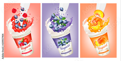 Set of yogurt with strawberry, blueberry, raspberry, peach  in a milk and jiuce splash. Design template. Vector photo
