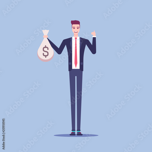 Smiling businessman stands with a full bag of money and shows thumb up vector flat illustration. Man in suit hold sack of money in his hand.