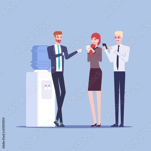Young male and female office workers having informal conversation next to the watercooler, colleagues communicate with each other during a break vector flat illustration. Office cooler chat.