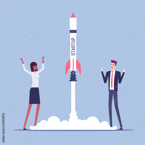 Startup concept illustration. Business people carried out a successful launch of rocket with the inscription startup, joyful businessmen launched a spaceship vector flat illustration