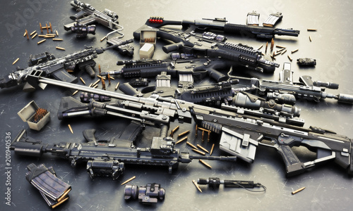 Fotografie, Obraz Weapons stash with automatic assault rifles and accessories,shotgun and sniper rifle