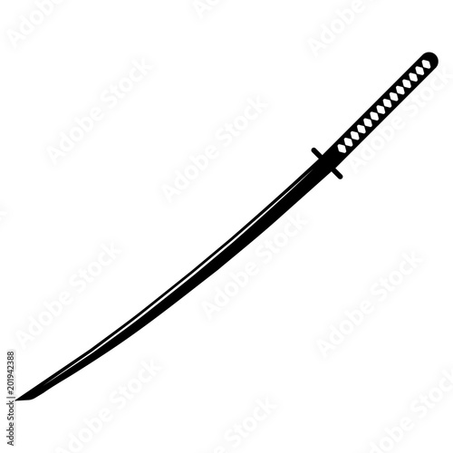 Simple, flat, black and white illustration of a katana. Isolated on white