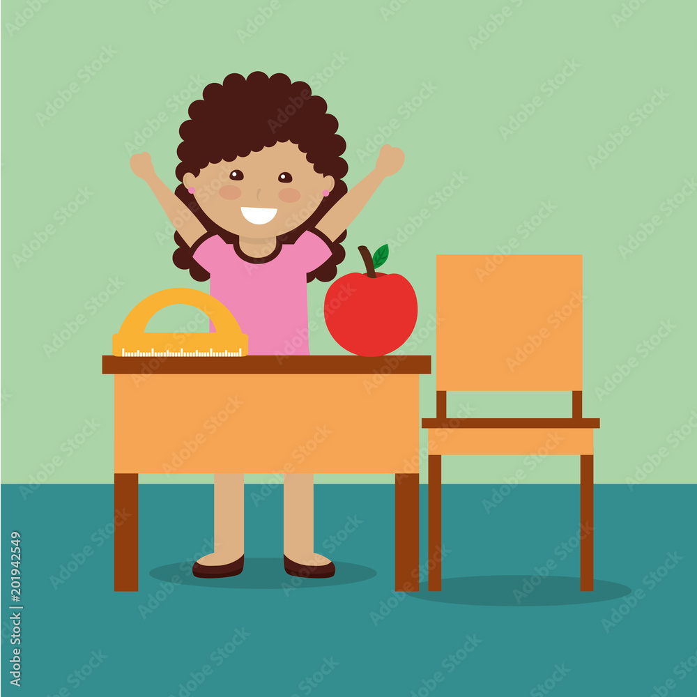 little girl student with apple and protractor and desk chair vector illustration little girl student with apple and protractor and desk chair vector illustration