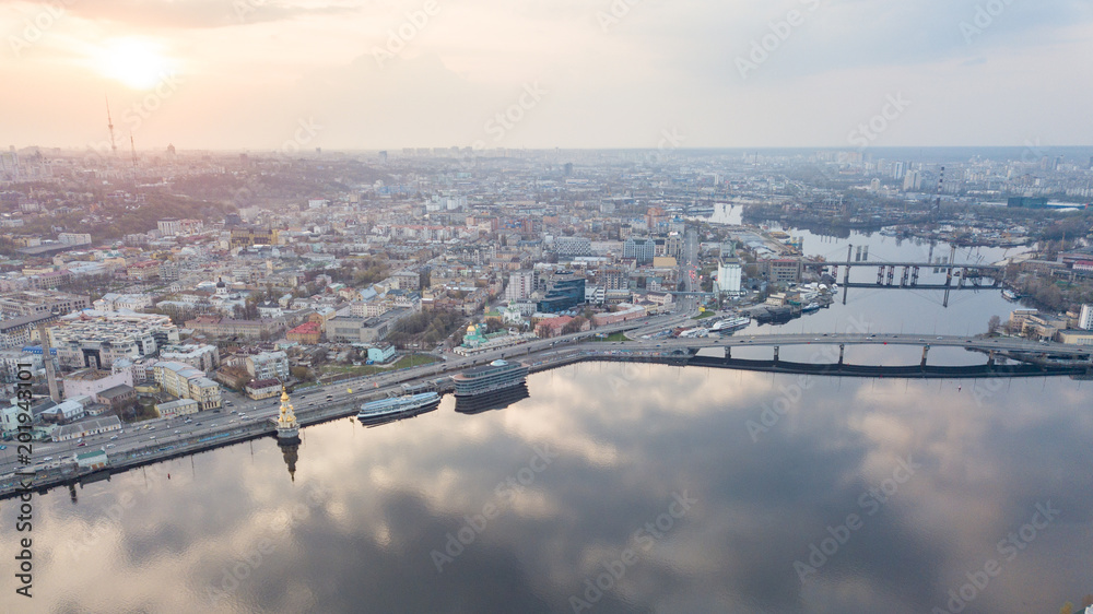 Aerial top view of Dnepr river and Podol district from above, Kiev (Kyiv) city, Ukraine