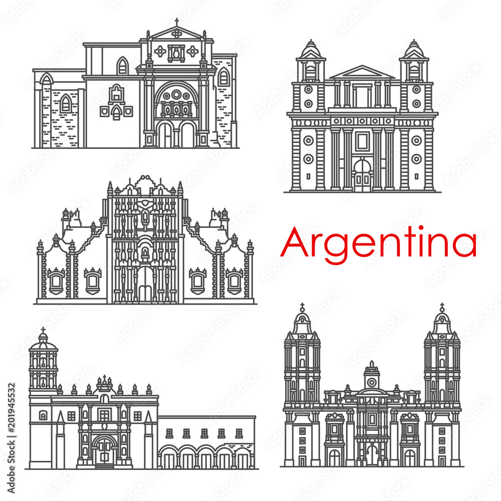 Argentina landmarks architecture vector line icons