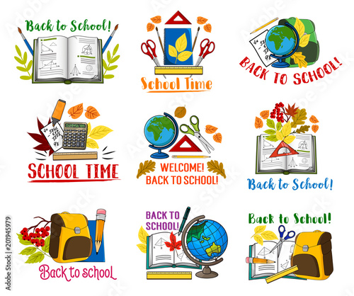 Back to School vector lesson stationery icons
