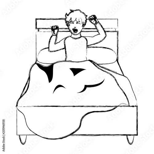 grunge man in the bed wakuing up with pijama design