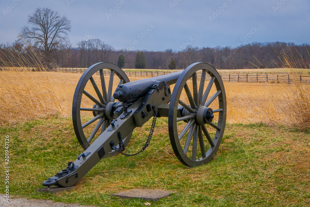 View of Napoleon, 12 lb cannon, located in a cemetery battlefield park in Gettysburg National Historical Battlefield