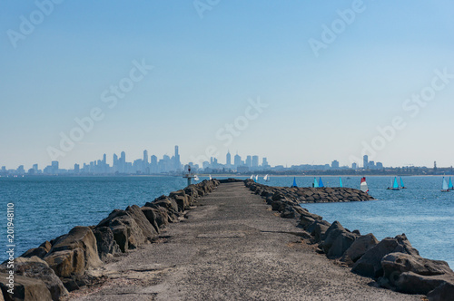 Long pier, jetty with modern cityscape on the background © Olga K