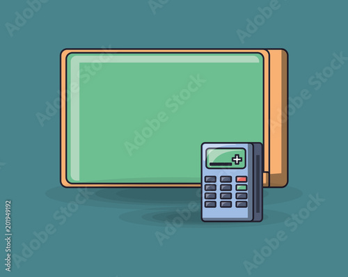 school chalkboard and calculator over blue background, colorful design. vector illustration