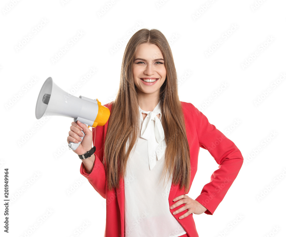 Young woman with megaphone on white background Young woman with megaphone on white background