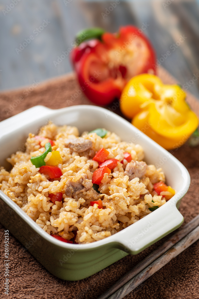 Fried rice with vegetables and pork, Thai cuisine Fried rice with vegetables and pork, Thai cuisine