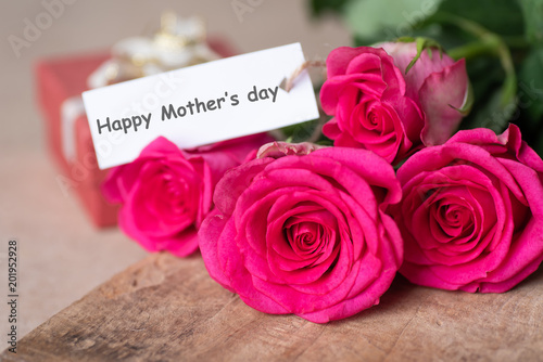 Beautiful pink roses bouquet with Happy Mother s day tag card