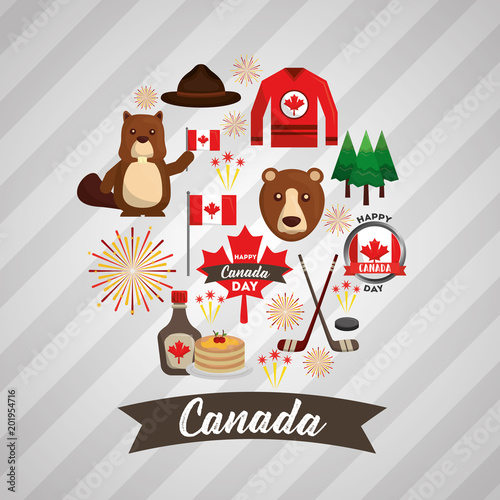 happy canada day set national symbols vector illustration