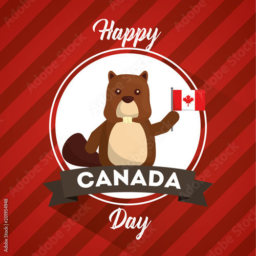 happy canada day greeting card beaver animal symbol vector illustration