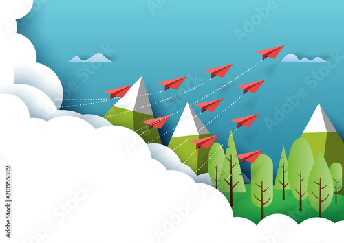 Paper airplanes flying from clouds above forest,mountain and blue sky.Paper art style of business teamwork creative idea concept.Vector illustration