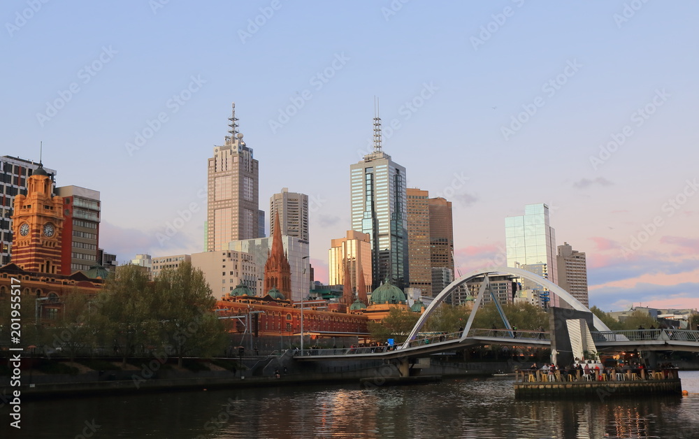 Naklejka premium Melbourne waterfront cityscape sunset Australia