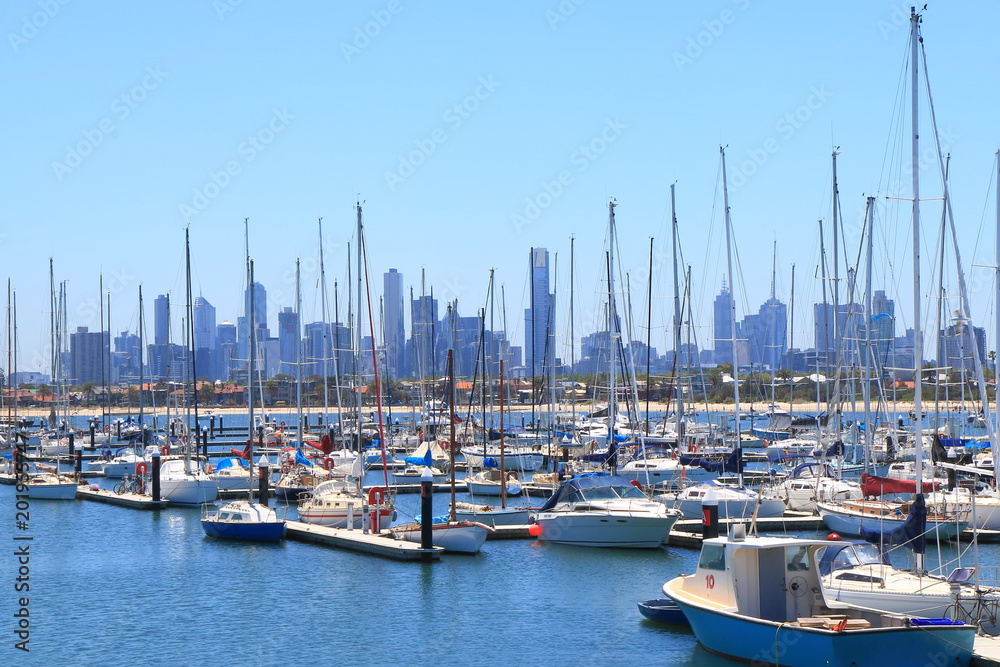 Melbourne cityscape over St Kilda harbor Australia  