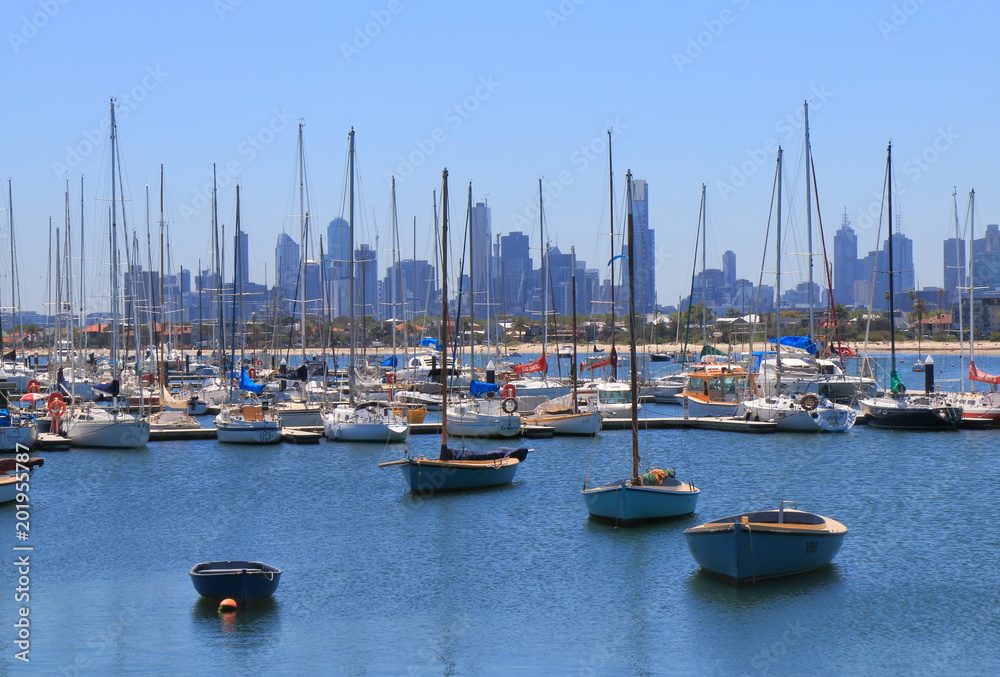 Melbourne cityscape over St Kilda harbor Australia  