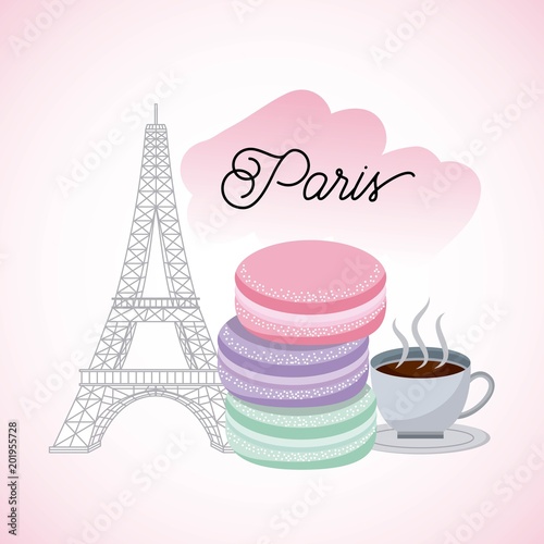 france paris card cakes cup coffee tower eiffel pink background vector illustration