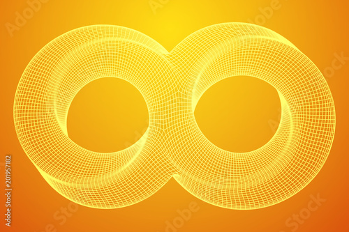Mobius strip ring infinity sacred geometry. Spatial figure with upturned surfaces. Optical illusion with dual circular contour. Wireframe low poly mesh vector illustration.