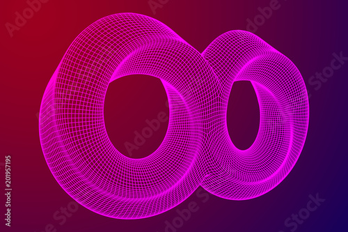 Mobius strip ring infinity sacred geometry. Spatial figure with upturned surfaces. Optical illusion with dual circular contour. Wireframe low poly mesh vector illustration.