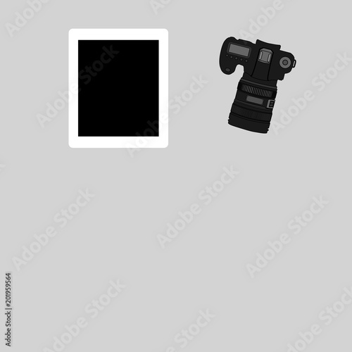 White office photography desk table with laptop, tablet, camera . Top view with copy space.Vector illustration
