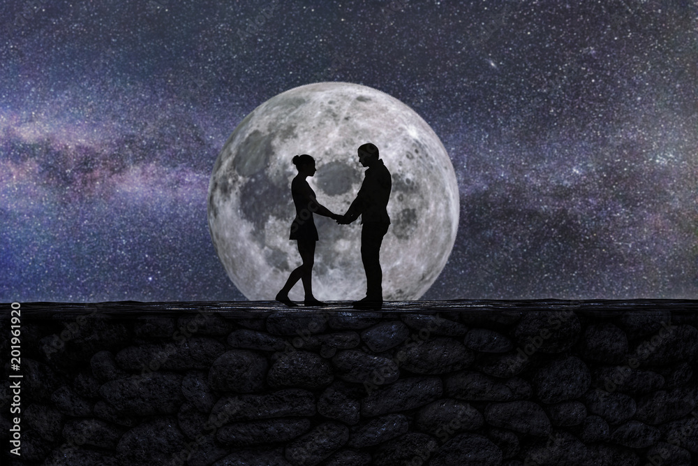 Selective Focus View of Two Lovers' Silhouette against a Giant Moon ...