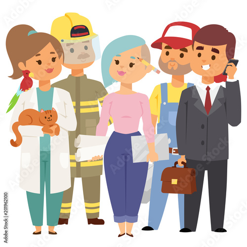 People different professions vector illustration. Success teamwork diversity human work lifestyle. Standing successful young professions person character in uniform