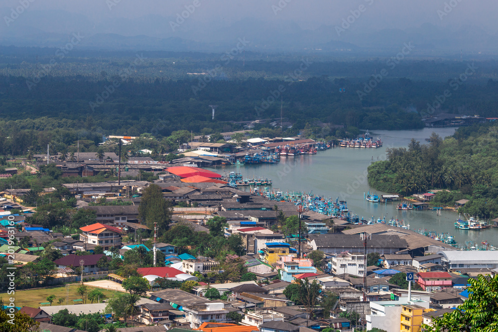 Fisherman Village. Pak Nam Chumphon. View from Khao (Hill) Matsee Viewpoint in Chumphon province, Thailand at viewpoint time