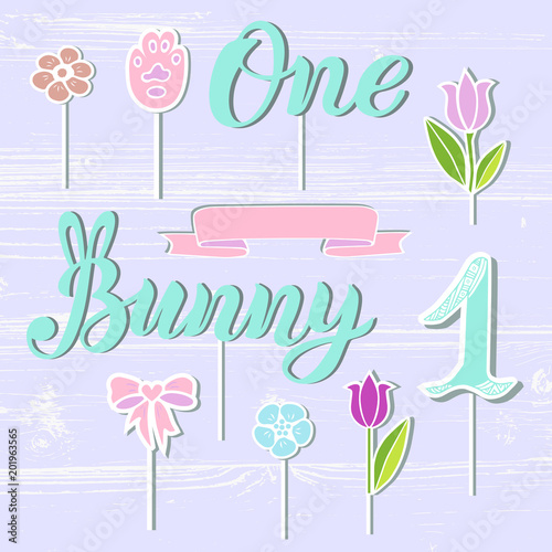 Vector set with Bunny, One, flowers, paw, ribbon. Bunny, One handwritten lettering as patch, stick cake topper, laser cut plastic, wooden toppers. Props for First Year Baby Anniversary, Birthday party