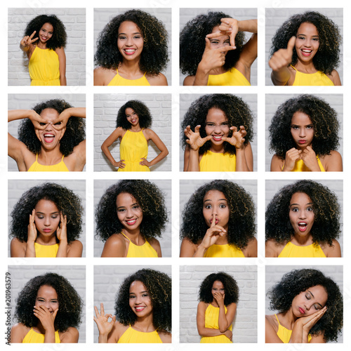 Facial Expressions Of Young Black Woman On Brick Wall