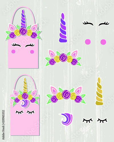 Vector set with Unicorn Tiara, Unicorn Horn, swirl, eyes. Unicorn symbols as patch, stick cake topper, sticker, drink topper, paper cut decoration. Unicorn bag creator.
