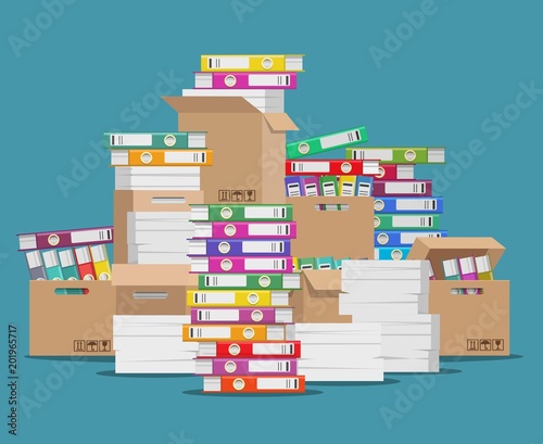 Pile of paper file. Unorganized office documents, unfinished paperwork disarray or folders and papers stack cartoon vector illustration