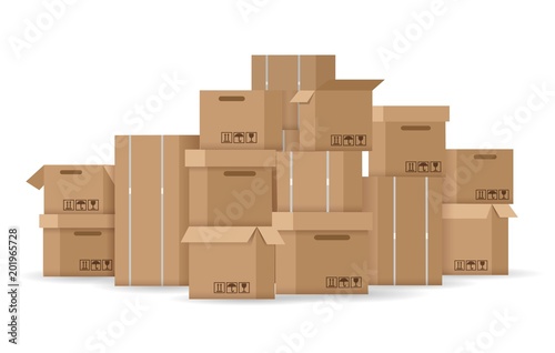 Boxes stack. Brown stacked cardboard boxes vector illustration, carton box pile isolated on white background
