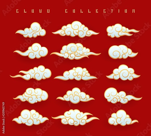 Oriental clouds. Vector chinese or japanese water clouds graphic set on red background for oriental design