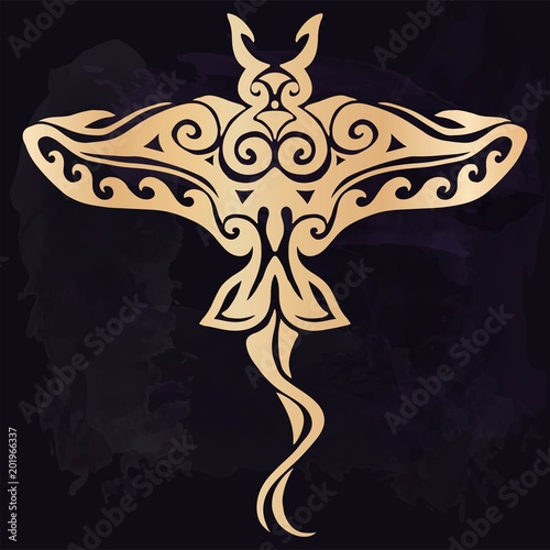 Tribal tattoo with decorative sea Stingray with ethnic pattern. Authentic artwork with a symbol of the totem. Stock Vector Graphics clipart Tattoos like Maui from Moana cartoon.