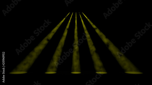 Five colorful yellow spotlights shining on a stage