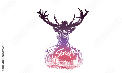 Fashion Illustration of Deer Portrait in Retro Style, Hipster Look, Vector, Seoul, The Republic of Korea,