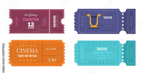 Set of tickets on various events: theater, cinema, art gallery.
