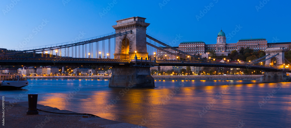 Fototapeta premium Photo of night Chain Bridge near Buda Fortress in Hungary