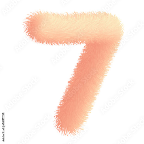 Number seven in fur childish style. Colorful cartoon fluffy gentle digit 7. Feathery fun pink digit. Vector isolated illustration