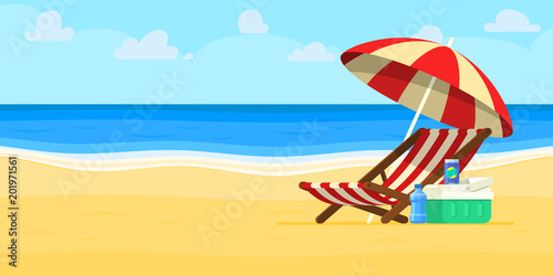 Vacation and travel concept. Beach umbrella, beach chair.