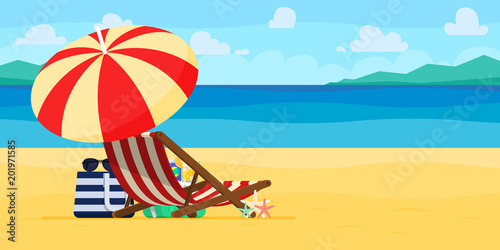 Vacation and travel concept. Beach umbrella, beach chair.