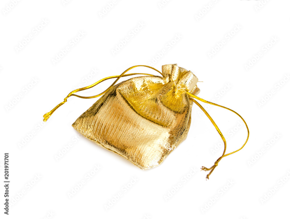 Golden gift bag on white background
