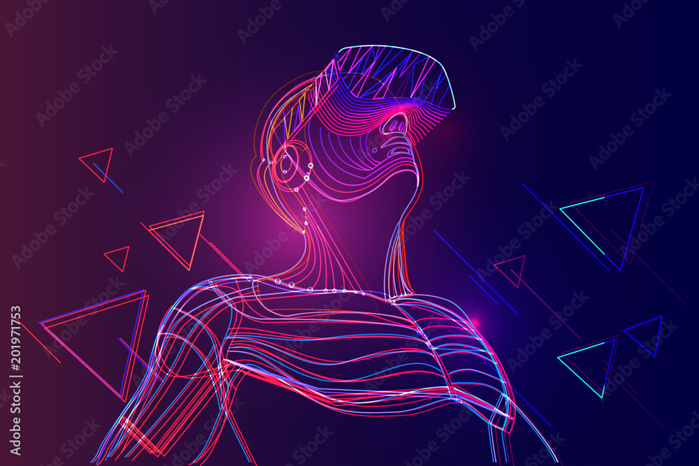 Man wearing virtual reality headset. Abstract vr world with neon lines. Vector illustration - obrazy, fototapety, plakaty 