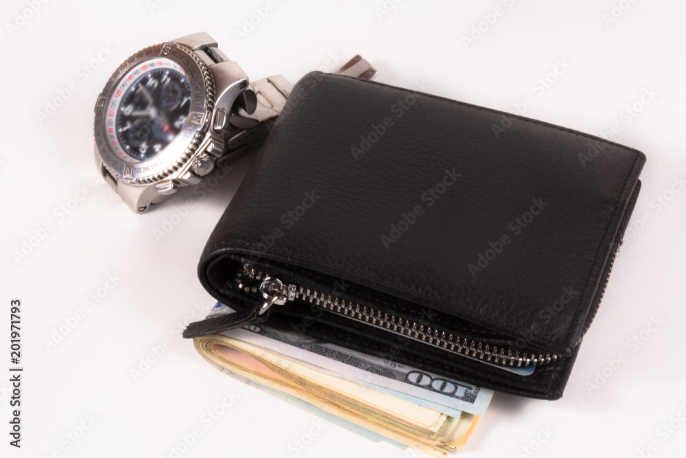 Classic Watch with a dollar, model on dollar banknotes and pen, notebook